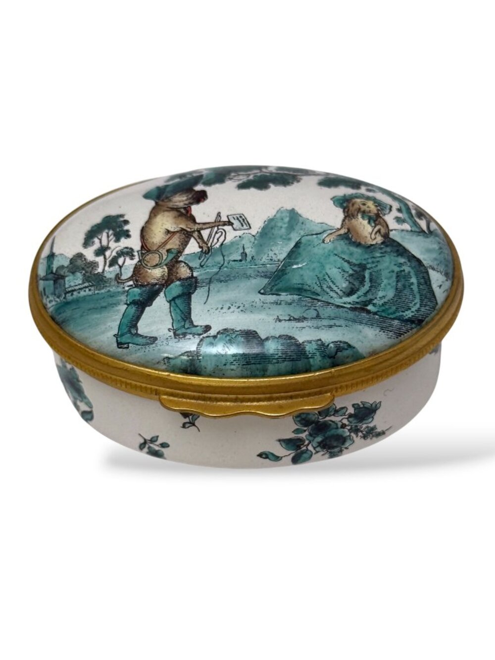 HALCYON DAYS Enamel Box Miniature Hinged Green Landscape Dogs Made in England